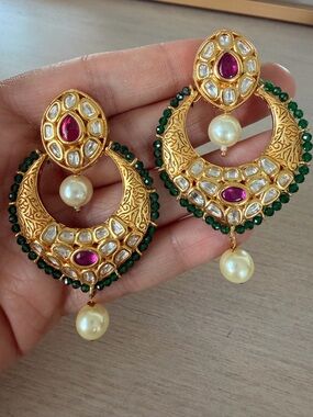 Gold-Tone Green & Pink Kundan Pearl Drop Earrings